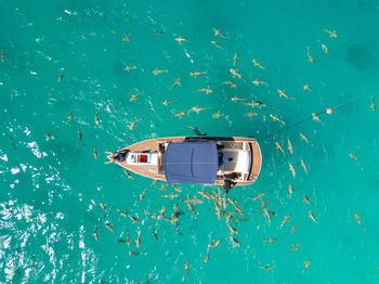 High angle view of ship floating on sea