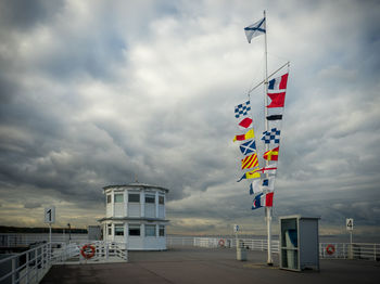 Low angle view of flag against cloudy sky