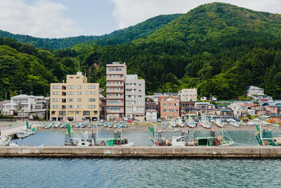 Wide angle view from the water of a fishing town in aomori, japan.