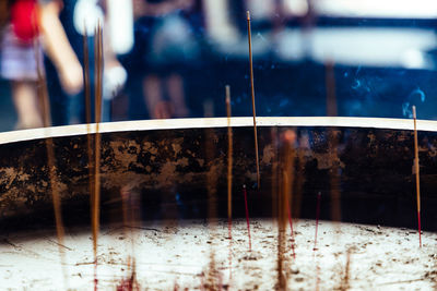 Close-up of water drops on temple