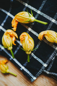 Close-up of yellow served on table