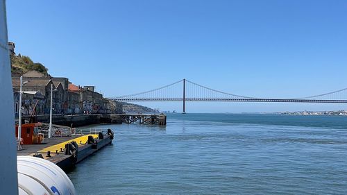 Bridge over sea against clear blue sky