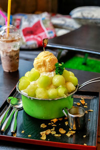 Close-up of drink in glass bowl on table