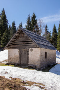 Built structure on snow covered land against sky