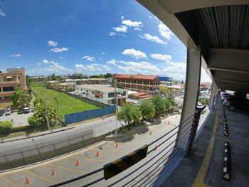 High angle view of buildings in city against sky