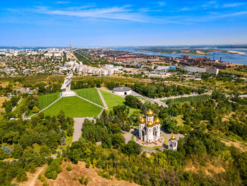 High angle view of townscape against sky