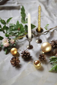 High angle view of christmas decoration on table