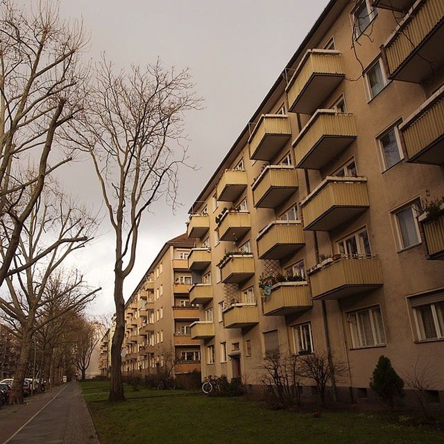 building exterior, architecture, built structure, city, tree, building, bare tree, residential building, clear sky, street, residential structure, sky, day, grass, road, window, outdoors, city life, car, residential district