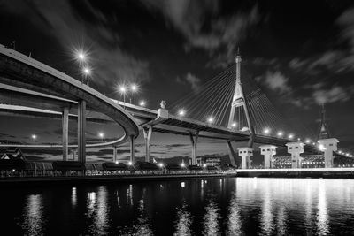 Illuminated bridge over river at night