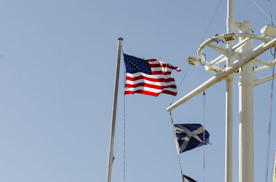 Low angle view of flags against clear blue sky