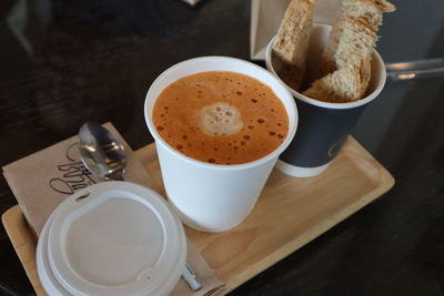 High angle view of breakfast on table