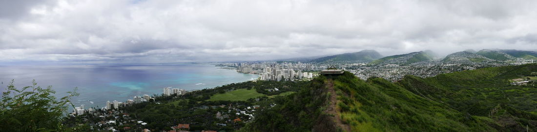 Scenic view of mountains against cloudy sky