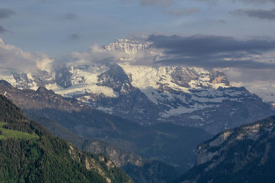 Aerial view of snowcapped mountains against sky