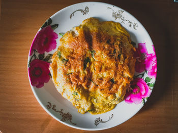 High angle view of breakfast served on table