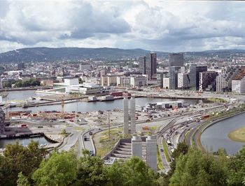 High angle view of cityscape against sky