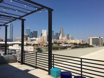 Modern buildings against clear blue sky