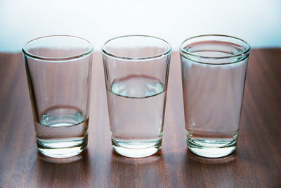 Glass of water on wooden table against wall