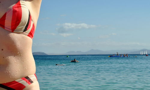 Cropped image of wet woman in bikini standing by sea on sunny day