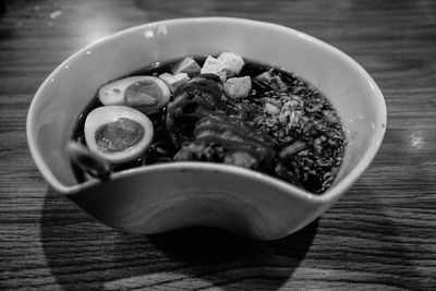 Close-up of soup in bowl on table