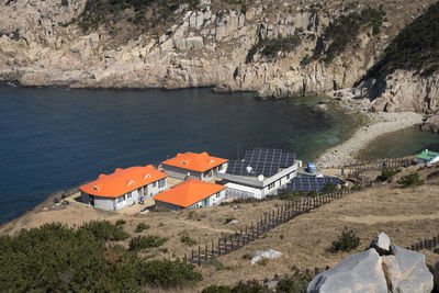 High angle view of sea and mountains