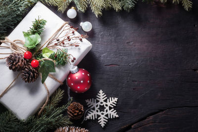 High angle view of christmas decoration on table