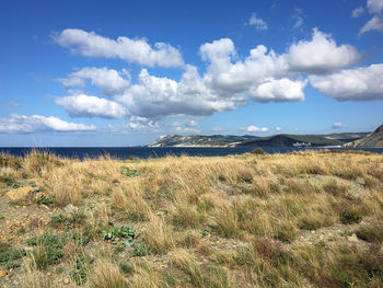 Scenic view of land against sky