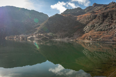 Scenic view of lake and mountains against sky