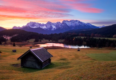 Scenic view of mountains against sky during sunset