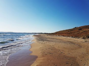 Scenic view of beach against clear blue sky