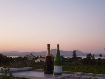 View of bottles against clear sky at sunset