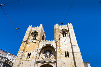 Low angle view of building against clear blue sky