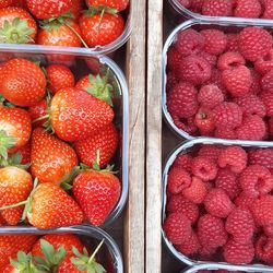 High angle view of strawberries in market