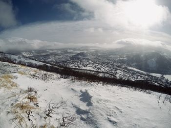 Scenic view of snow covered mountains against sky