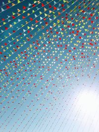 Low angle view of buntings against clear sky during sunny day