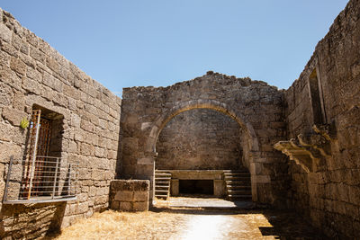 Low angle view of old ruins against clear sky