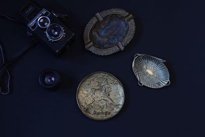 High angle view of coins on table