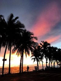 Silhouette palm trees on beach against sky during sunset