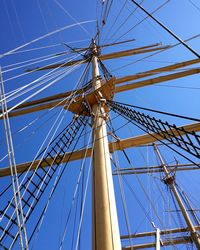 Low angle view of sailboat against clear blue sky