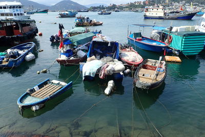 High angle view of fishing boats moored at harbor