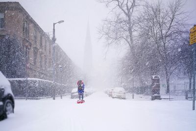 Person skiing on snow covered trees against sky