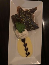 High angle view of dessert in plate on table