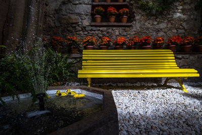 Bench against yellow wall in park