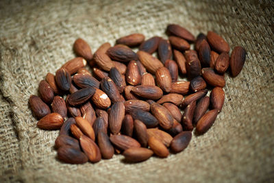 High angle view of roasted almonds