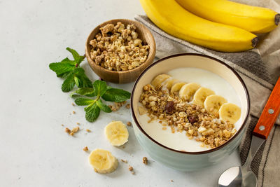 High angle view of breakfast served on table