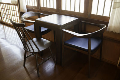 Empty chairs and tables in room