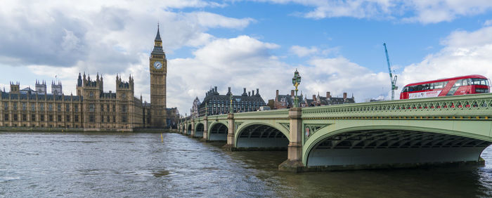 Arch bridge over river against buildings in city