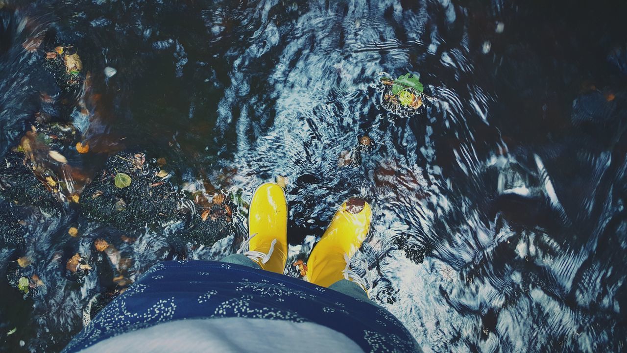 water, low section, person, high angle view, lifestyles, personal perspective, leisure activity, lake, swimming, human foot, standing, nature, unrecognizable person, rippled, yellow, men