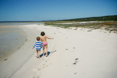 Rear view of siblings walking at beach against clear sky
