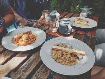 High angle view of meal served on table at restaurant