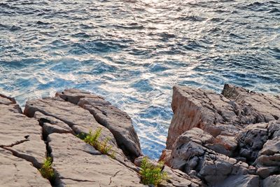 High angle view of rocks on beach